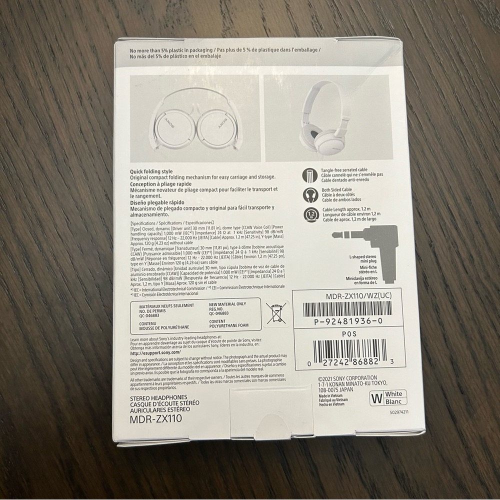 NWB Sony MDR-ZX110 Wired Stereo Headphones (White) - Picture 3 of 6